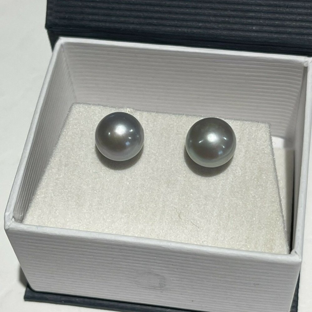 NEW 925 Sterling Silver Real 9 mm Gray Cultured Freshwater Pearl Stud Earrings - Picture 8 of 11
